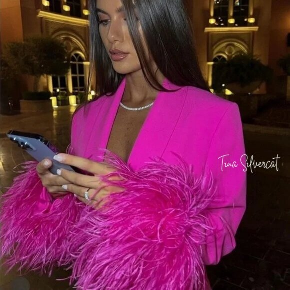 BLOGGER'S FAVE! Zara Feather Blazer Mid-Pink NWT - Picture 3 of 17